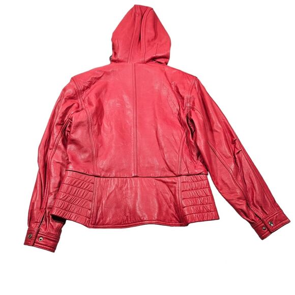 Vintage Georgetown Leather Design Hooded Biker Jacket Red Size Large Full Zip - Picture 2 of 15
